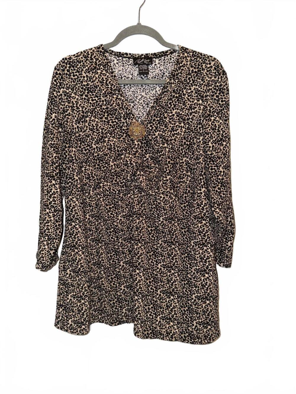 Y2K VTG Russell Kemp leopard print v-neck brooch tunic blouse women's plus 1X